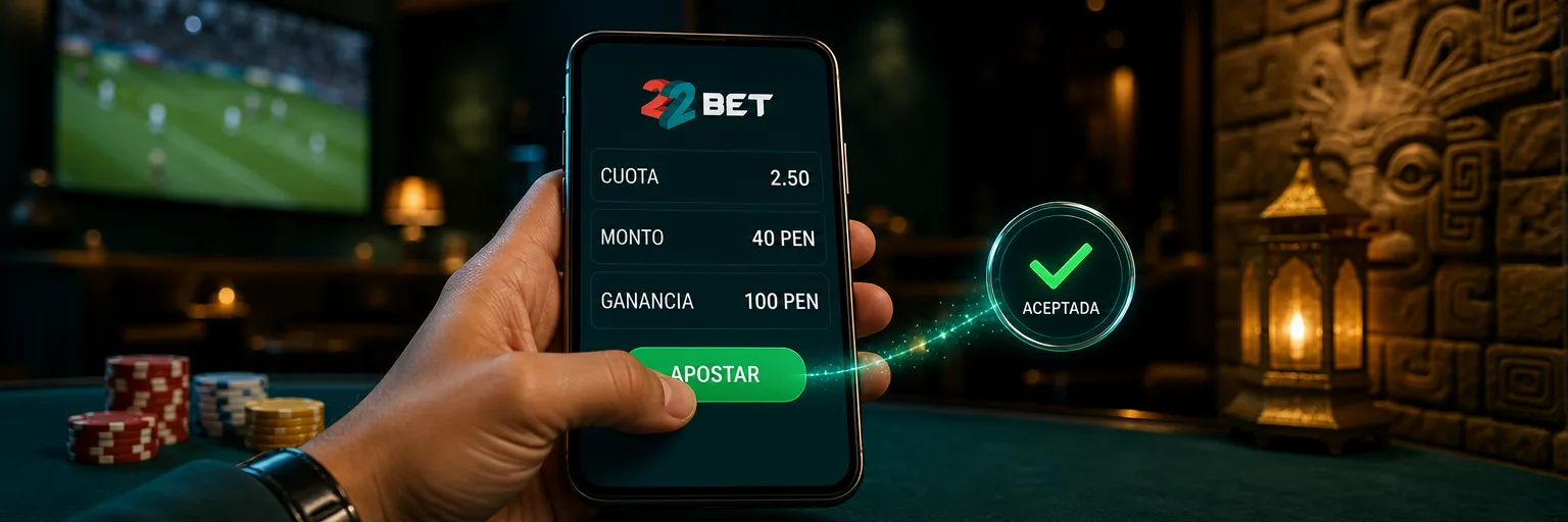 Boleto de apuestas de 22Bet en un celular: cuota 2.50, monto 40 PEN, ganancia 100 PEN, botón APOSTAR y sello ACEPTADA